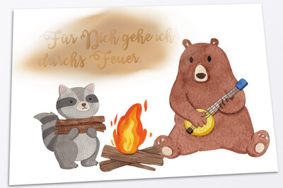 Postkarte mit Freunden vor einem Feuer